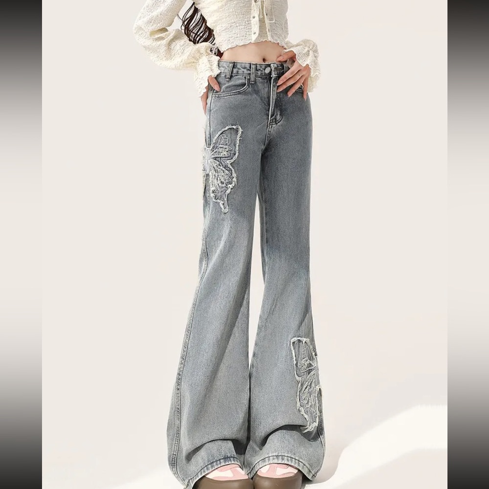 low rise butterfly embroidered jeans